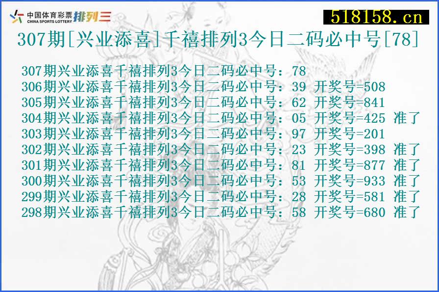 307期[兴业添喜]千禧排列3今日二码必中号[78]