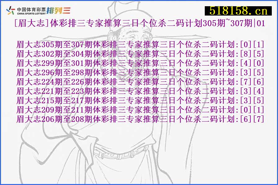 [眉大志]体彩排三专家推算三日个位杀二码计划305期~307期|01