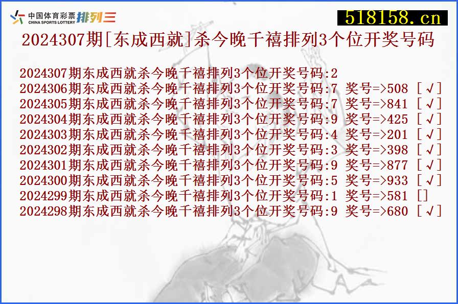 2024307期[东成西就]杀今晚千禧排列3个位开奖号码