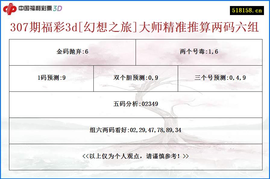 307期福彩3d[幻想之旅]大师精准推算两码六组