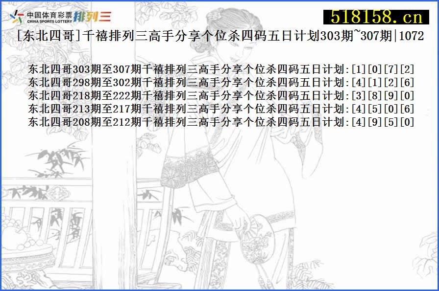 [东北四哥]千禧排列三高手分享个位杀四码五日计划303期~307期|1072