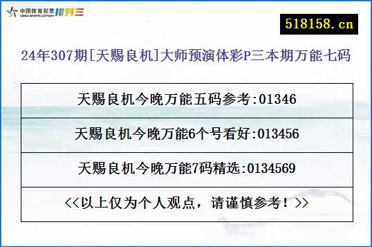 24年307期[天赐良机]大师预演体彩P三本期万能七码