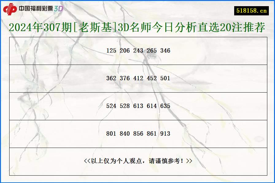 2024年307期[老斯基]3D名师今日分析直选20注推荐