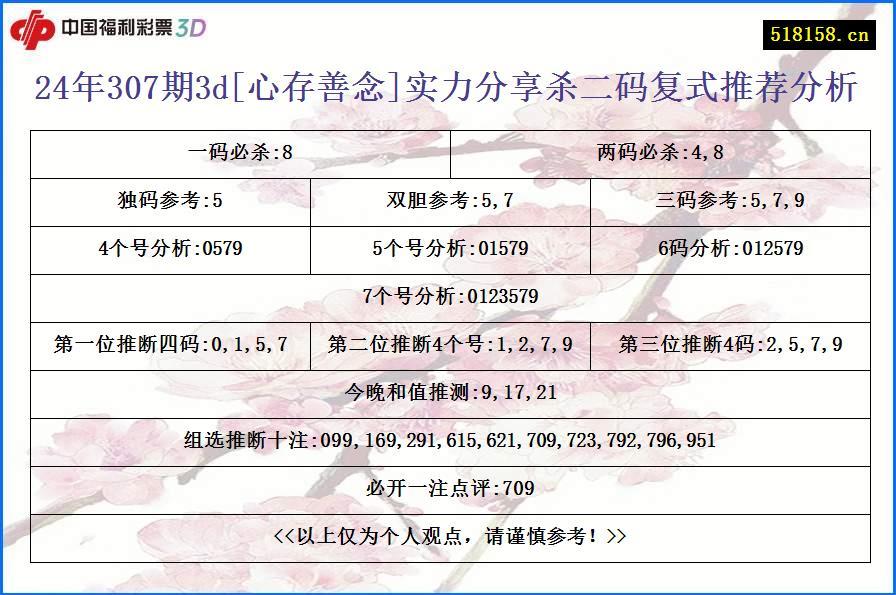 24年307期3d[心存善念]实力分享杀二码复式推荐分析