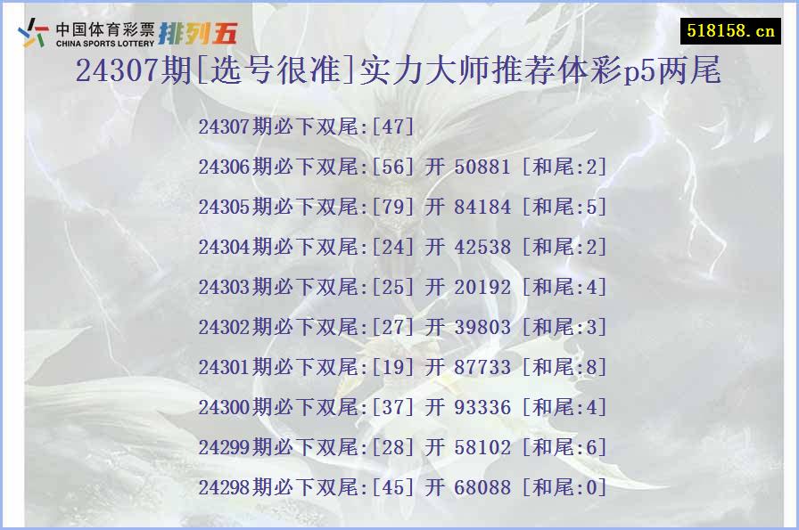 24307期[选号很准]实力大师推荐体彩p5两尾