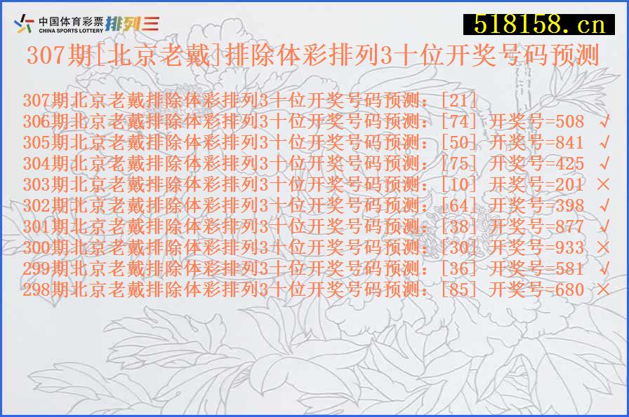 307期[北京老戴]排除体彩排列3十位开奖号码预测