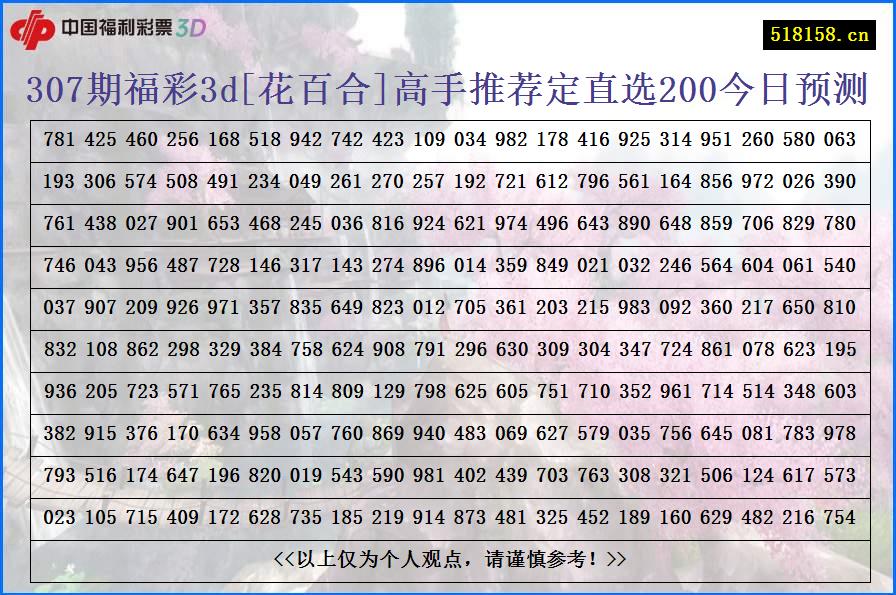 307期福彩3d[花百合]高手推荐定直选200今日预测