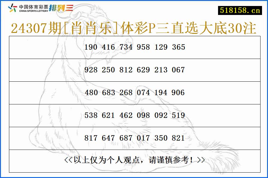 24307期[肖肖乐]体彩P三直选大底30注