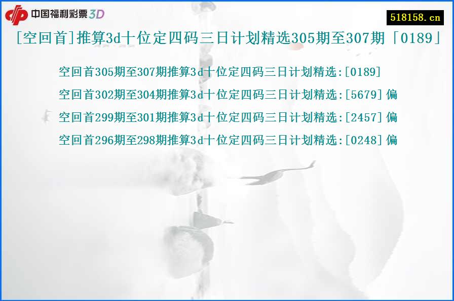 [空回首]推算3d十位定四码三日计划精选305期至307期「0189」
