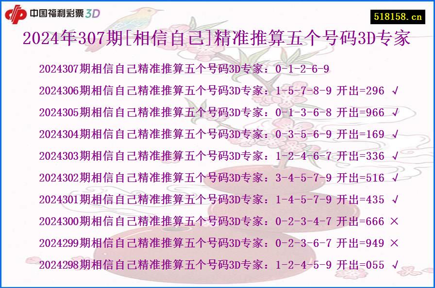 2024年307期[相信自己]精准推算五个号码3D专家