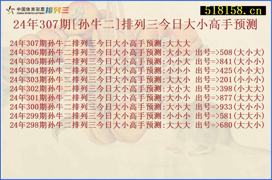 24年307期[孙牛二]排列三今日大小高手预测