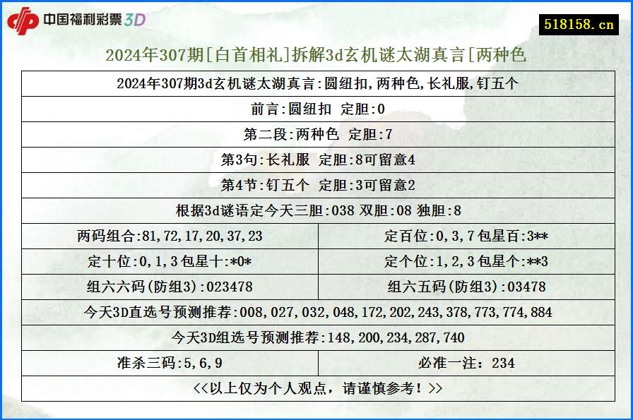 2024年307期[白首相礼]拆解3d玄机谜太湖真言[两种色