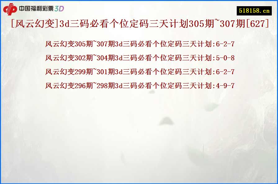 [风云幻变]3d三码必看个位定码三天计划305期~307期[627]