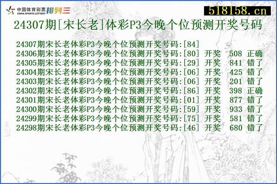 24307期[宋长老]体彩P3今晚个位预测开奖号码