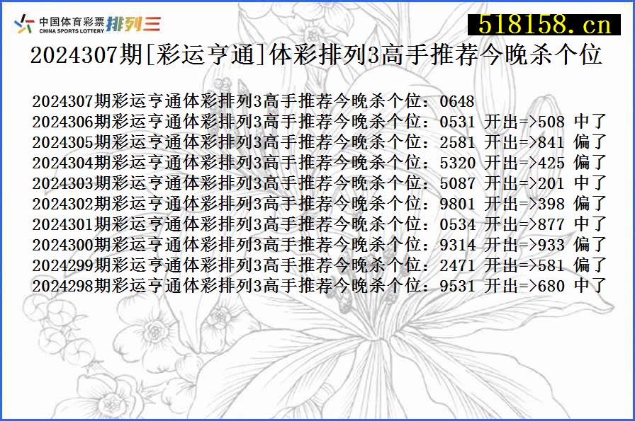 2024307期[彩运亨通]体彩排列3高手推荐今晚杀个位