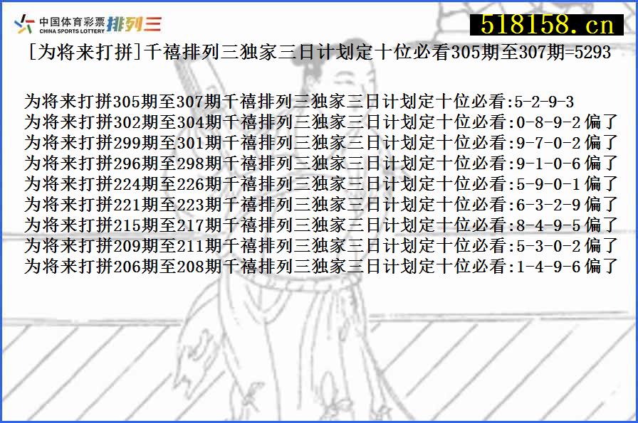 [为将来打拼]千禧排列三独家三日计划定十位必看305期至307期=5293