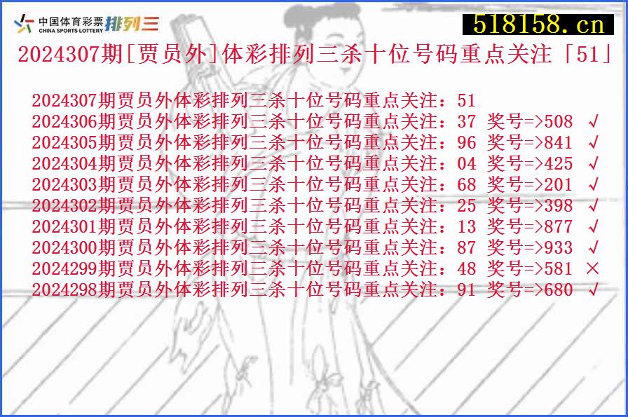 2024307期[贾员外]体彩排列三杀十位号码重点关注「51」