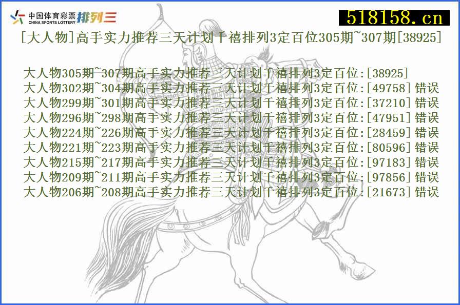 [大人物]高手实力推荐三天计划千禧排列3定百位305期~307期[38925]