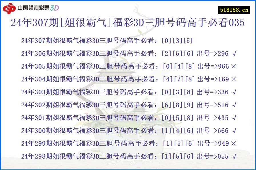 24年307期[姐很霸气]福彩3D三胆号码高手必看035