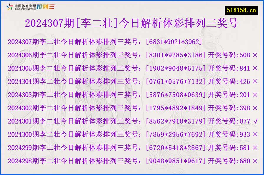 2024307期[李二壮]今日解析体彩排列三奖号