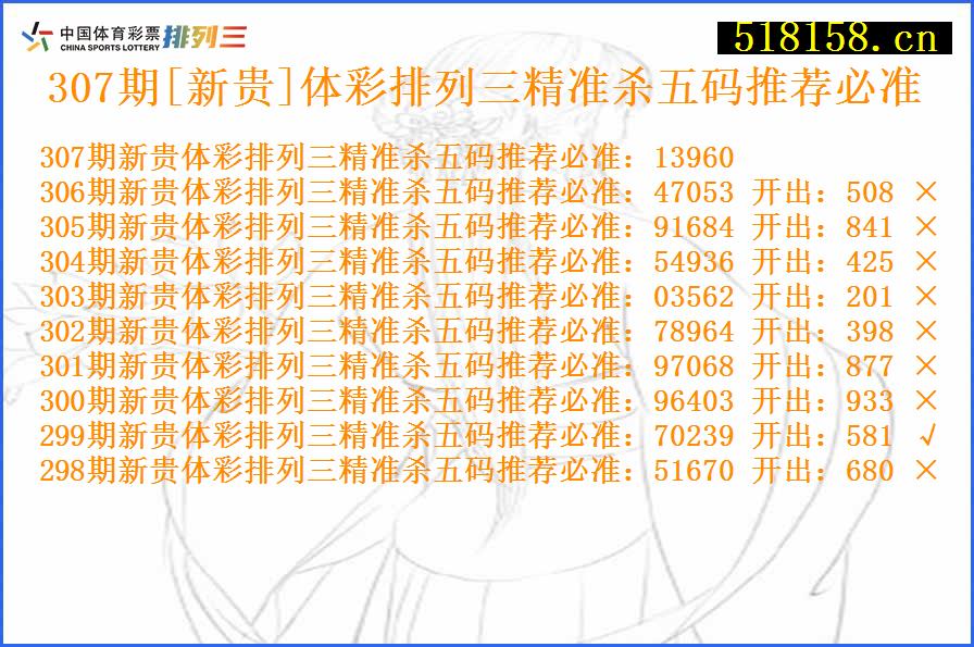 307期[新贵]体彩排列三精准杀五码推荐必准