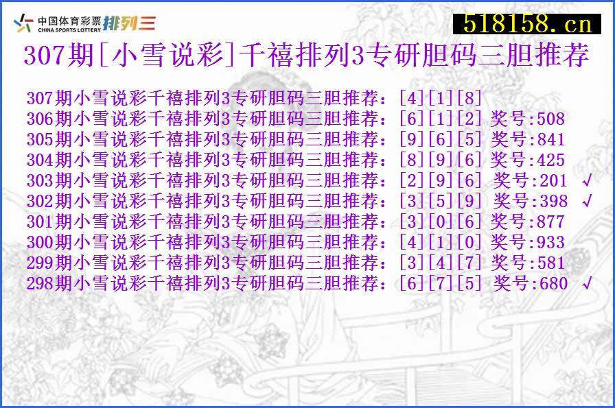 307期[小雪说彩]千禧排列3专研胆码三胆推荐