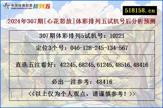 2024年307期[心花怒放]体彩排列五试机号后分析预测