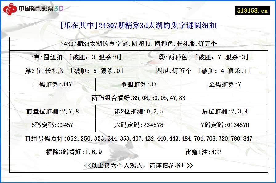 [乐在其中]24307期精算3d太湖钓叟字谜圆纽扣