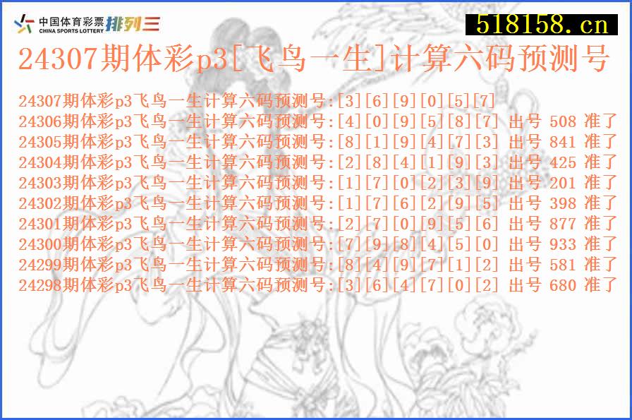 24307期体彩p3[飞鸟一生]计算六码预测号