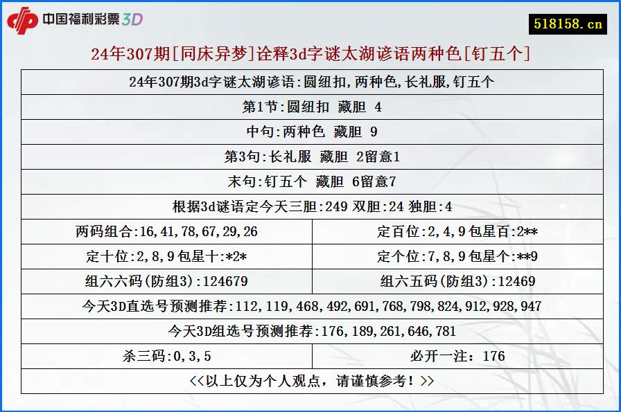 24年307期[同床异梦]诠释3d字谜太湖谚语两种色[钉五个]