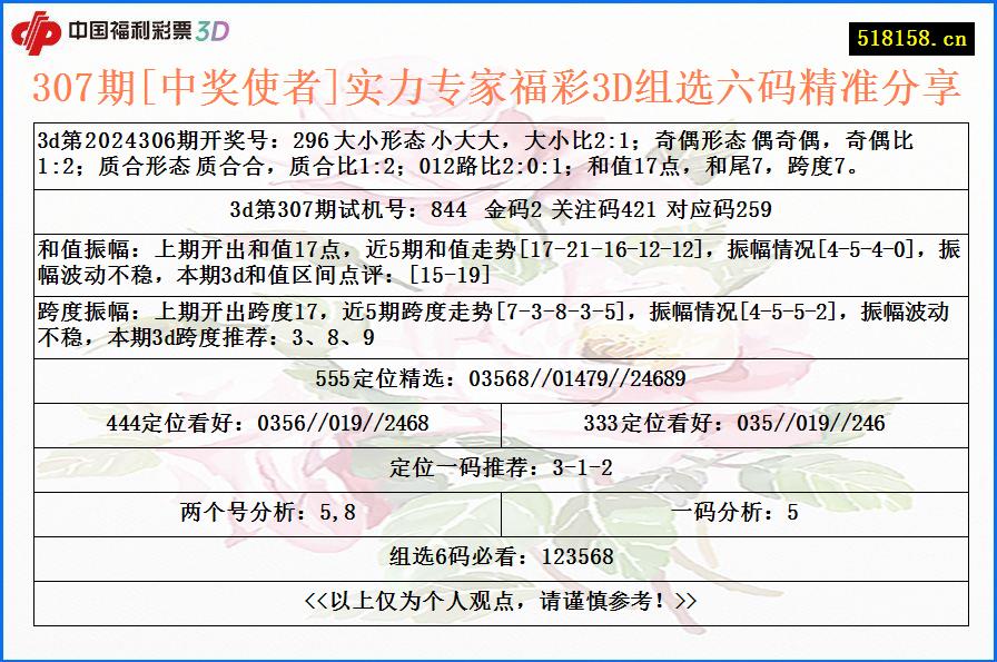 307期[中奖使者]实力专家福彩3D组选六码精准分享