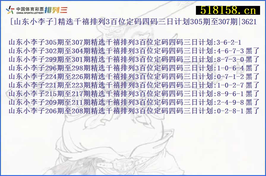 [山东小李子]精选千禧排列3百位定码四码三日计划305期至307期|3621