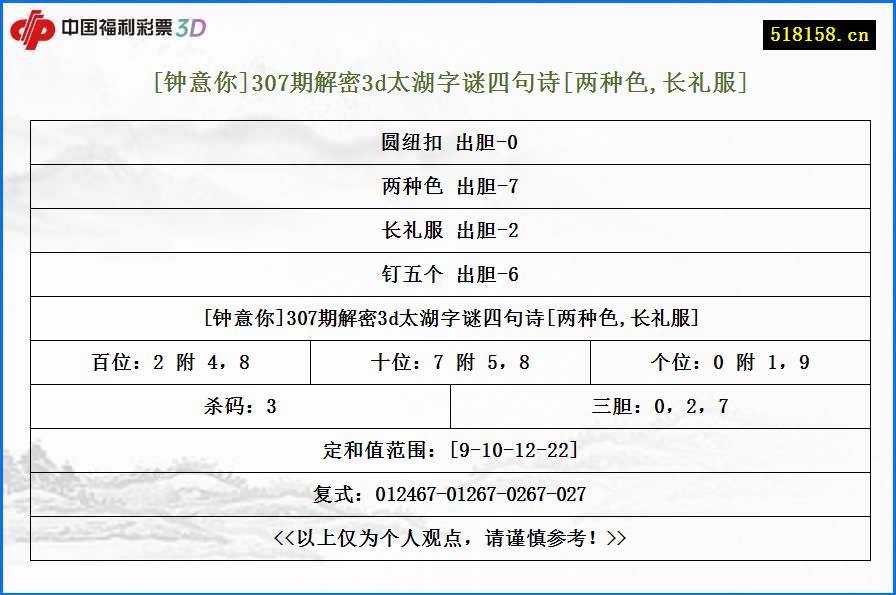 [钟意你]307期解密3d太湖字谜四句诗[两种色,长礼服]