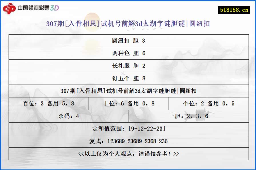 307期[入骨相思]试机号前解3d太湖字谜胆谜|圆纽扣