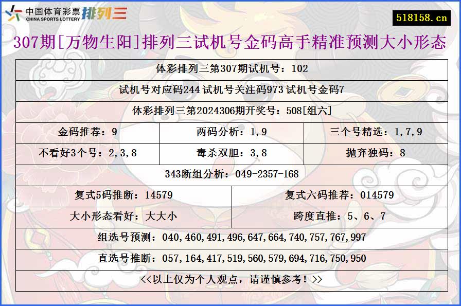 307期[万物生阳]排列三试机号金码高手精准预测大小形态