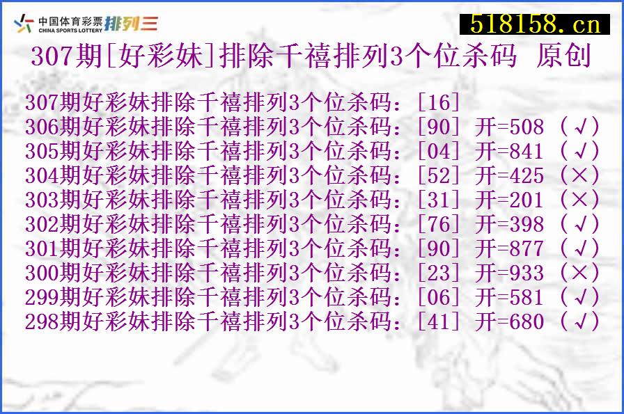 307期[好彩妹]排除千禧排列3个位杀码 原创