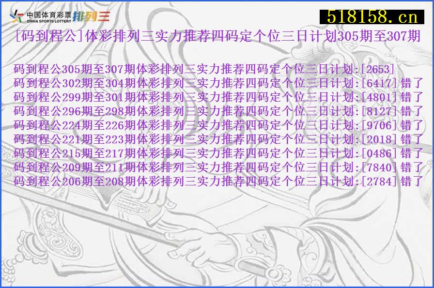 [码到程公]体彩排列三实力推荐四码定个位三日计划305期至307期