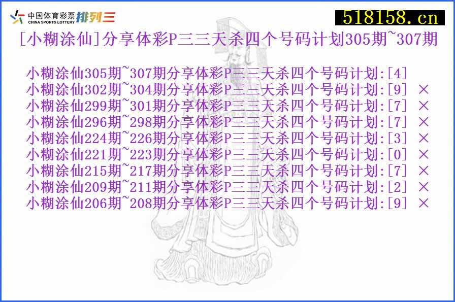 [小糊涂仙]分享体彩P三三天杀四个号码计划305期~307期