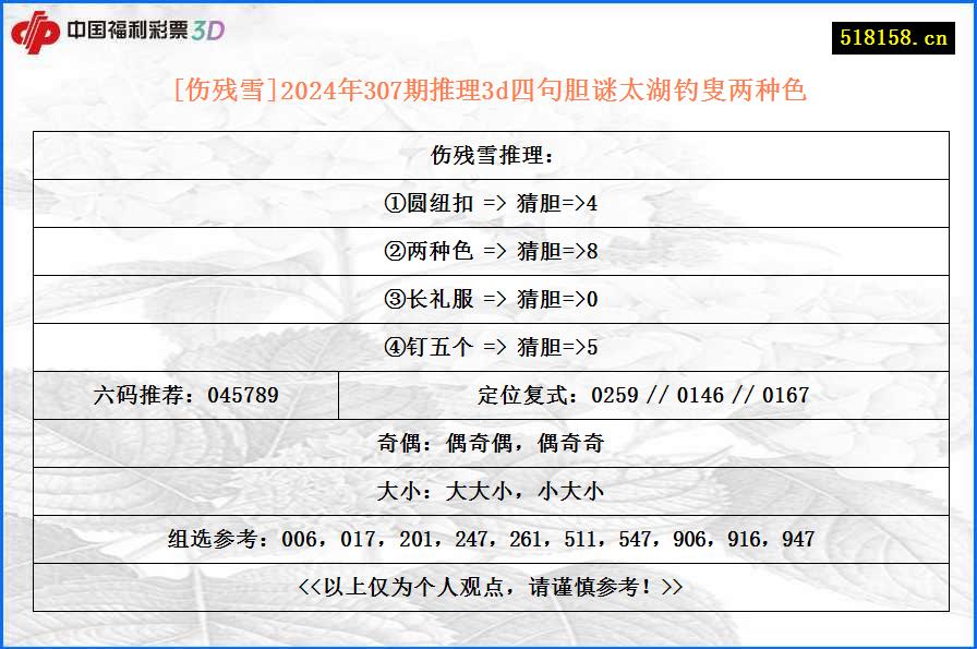 [伤残雪]2024年307期推理3d四句胆谜太湖钓叟两种色