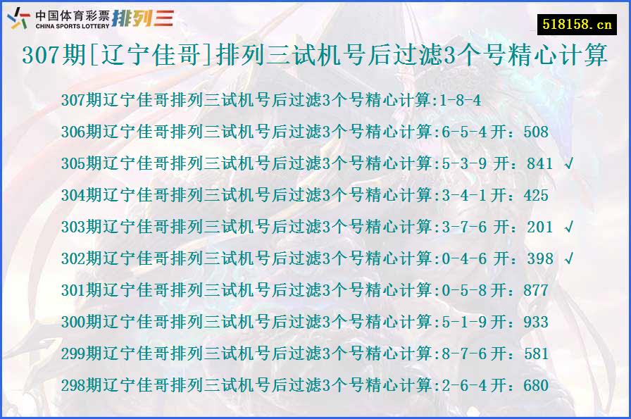 307期[辽宁佳哥]排列三试机号后过滤3个号精心计算