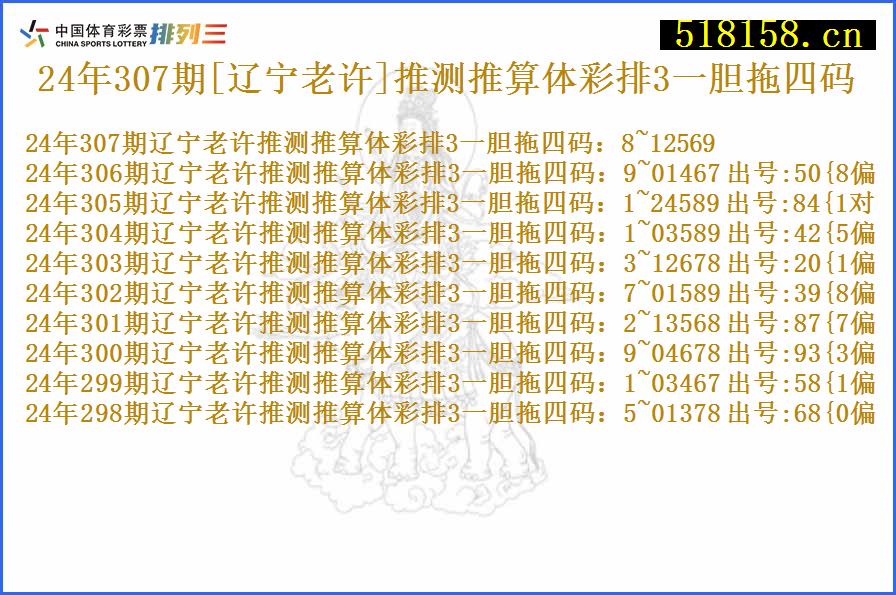 24年307期[辽宁老许]推测推算体彩排3一胆拖四码