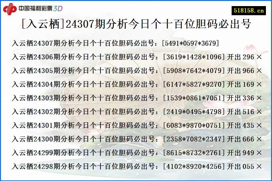 [入云栖]24307期分析今日个十百位胆码必出号