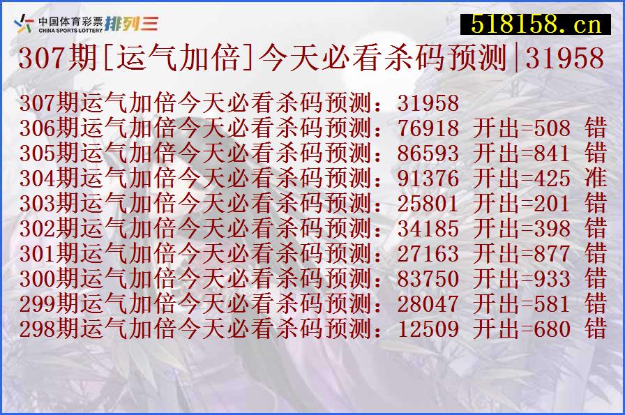 307期[运气加倍]今天必看杀码预测|31958