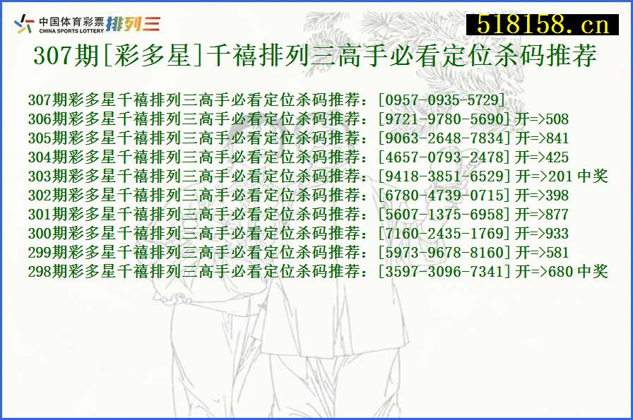 307期[彩多星]千禧排列三高手必看定位杀码推荐