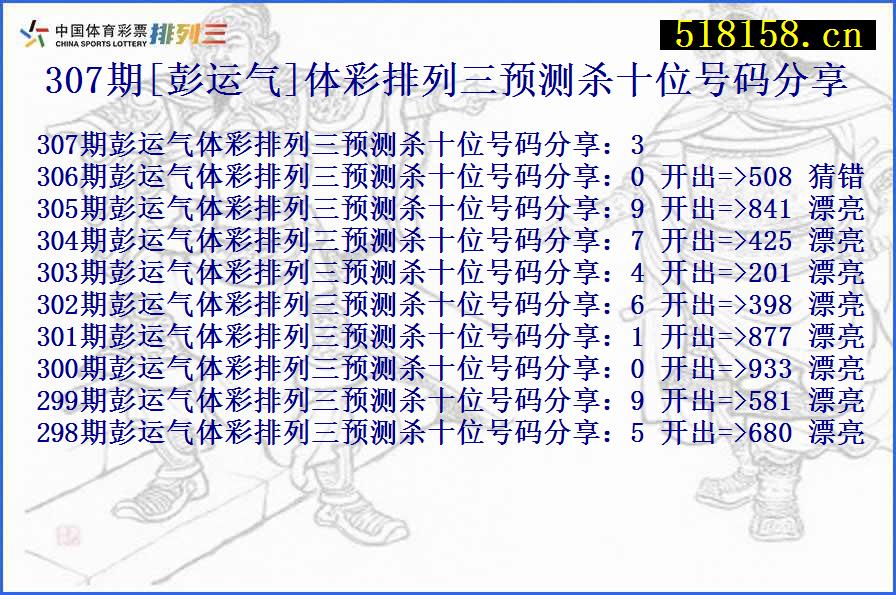 307期[彭运气]体彩排列三预测杀十位号码分享