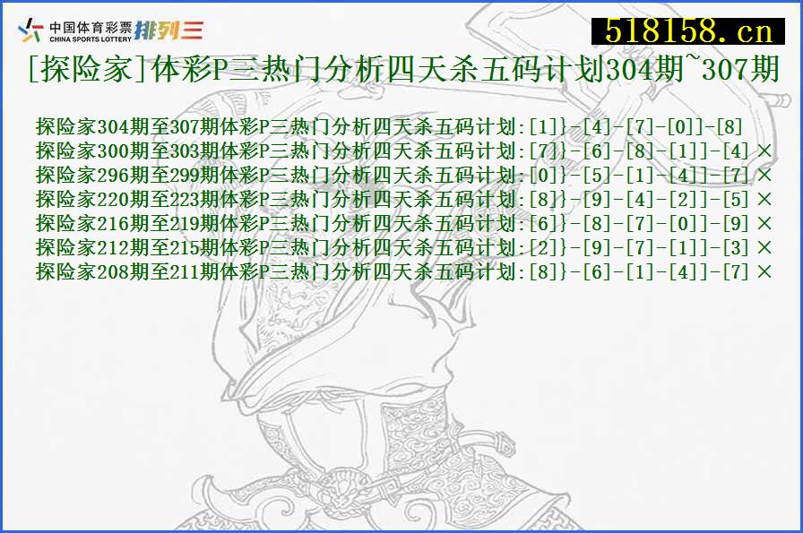 [探险家]体彩P三热门分析四天杀五码计划304期~307期