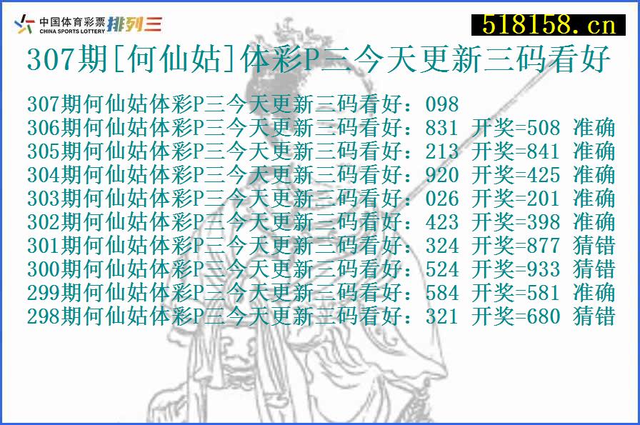 307期[何仙姑]体彩P三今天更新三码看好