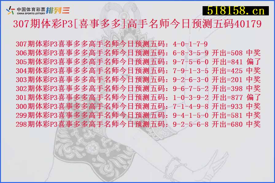 307期体彩P3[喜事多多]高手名师今日预测五码40179