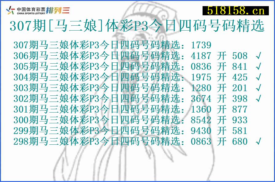 307期[马三娘]体彩P3今日四码号码精选