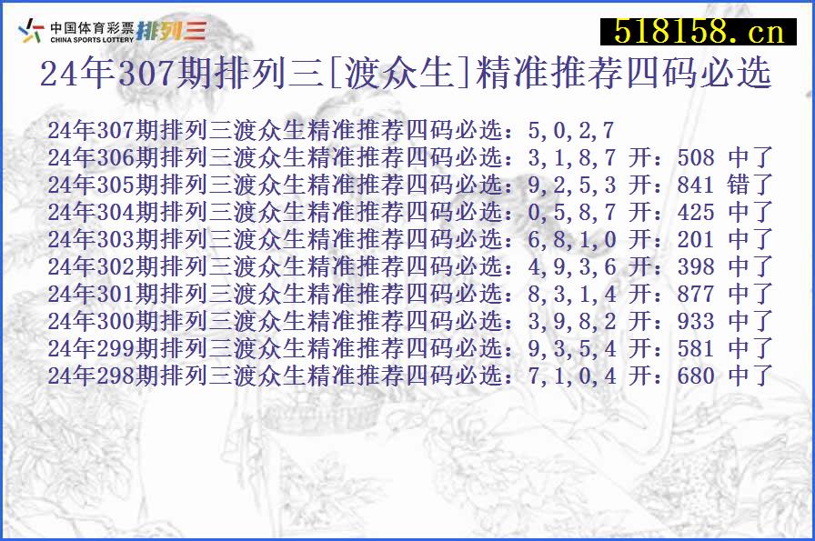 24年307期排列三[渡众生]精准推荐四码必选